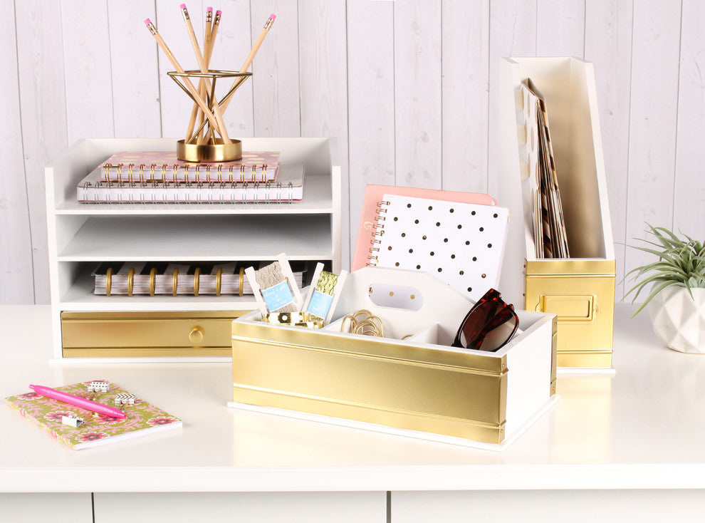 Industrious Desktop Wood Letter Tray, 13x9x10, White/Gold