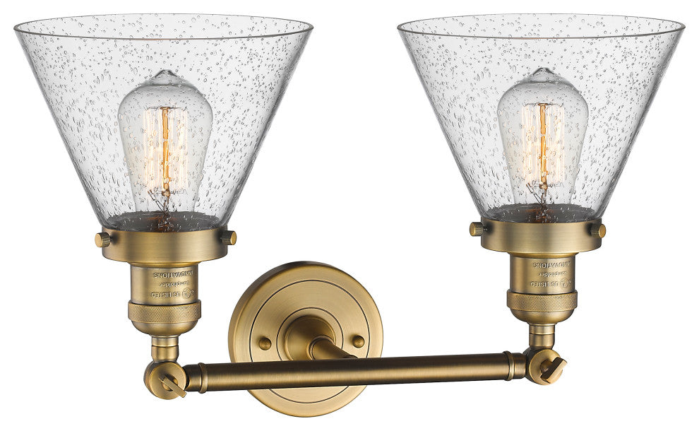Large Cone 2-Light Bath Fixture, Seedy Glass, Brushed Brass