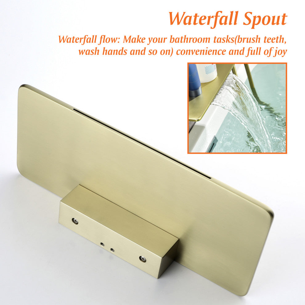 Wellfor Shower Faucet Set, Handheld Shower and Waterfall Tub Spout, Brushed Gold