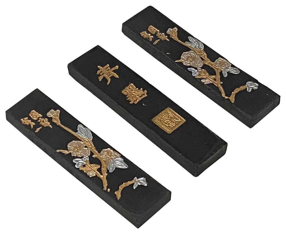 3 Pcs Chinese Calligraphic Black Ink Sticks Silver Gold Flower Character Hws3152