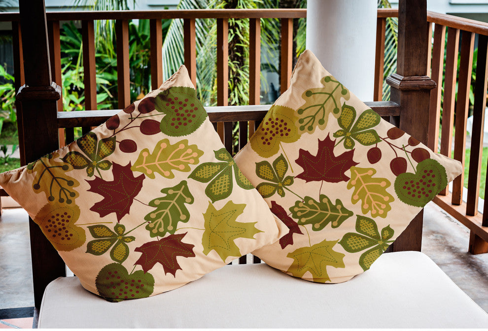 18" x 18" Fall Leaves Indoor/Outdoor Polyester Throw Pillow, Olive