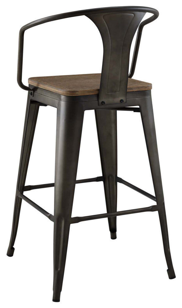 Bar Stool Chair Barstool, Set of 2, Wood, Metal, Brown, Modern, Bar Pub Bistro