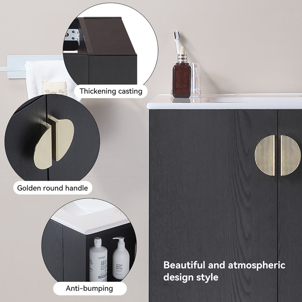30 Inches Plywood Wall-Mounted Bath Vanity Set, Integrated Ceramic Sink, Black