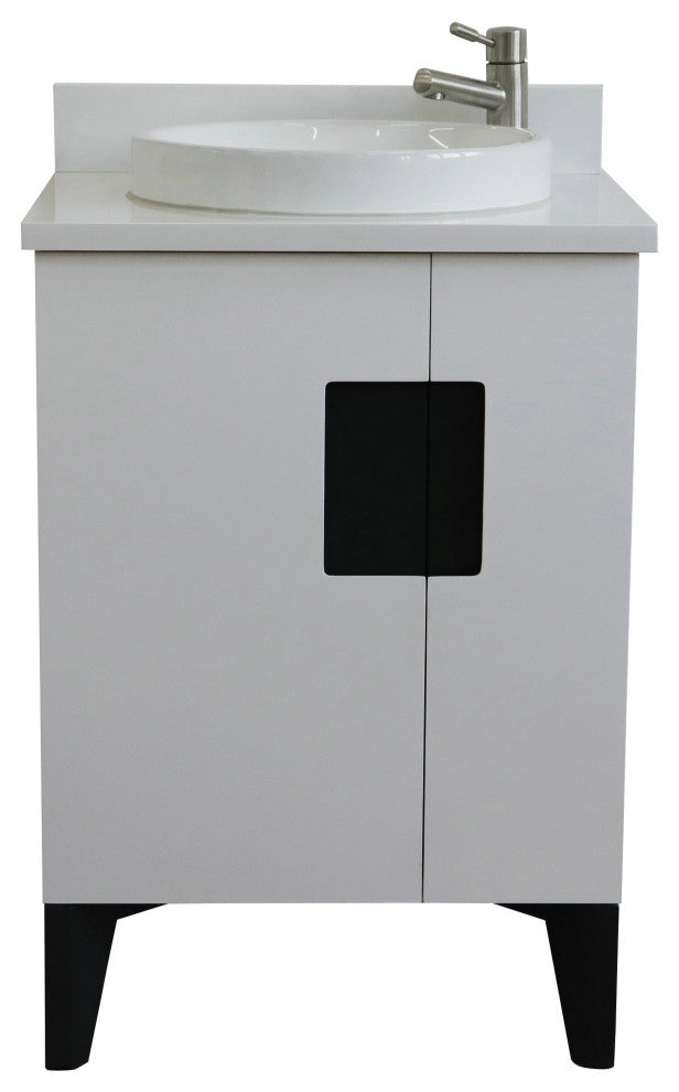25" Single Sink Vanity, White Finish With Engineered Stone Top And Round Sink