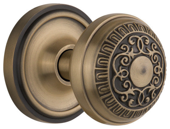 Classic Rosette Privacy Egg & Dart Knob, Antique Brass, Backset Size: 2.375"