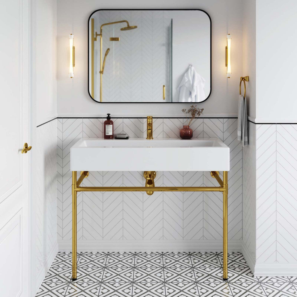 Sink Vanity, Wall Mount, White Gold, Ceramic, Stainless, Modern, Bathroom