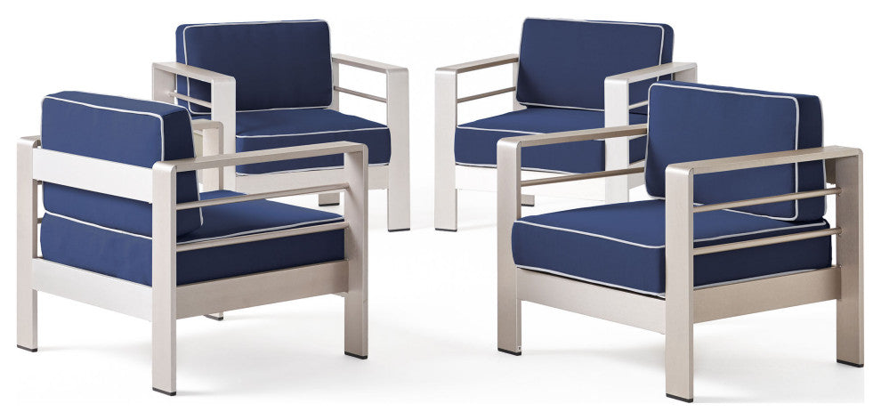 GDF Studio Edward Coral Outdoor Club Chair With Cushion, Set of 4, Canvas Navy