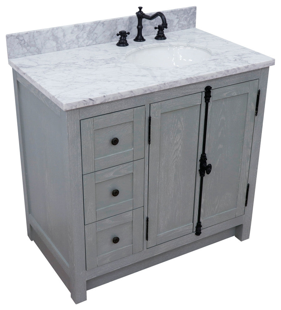 37" Single Vanity, Gray Ash With White Carrara Top, Right Doors/Right Oval Sink