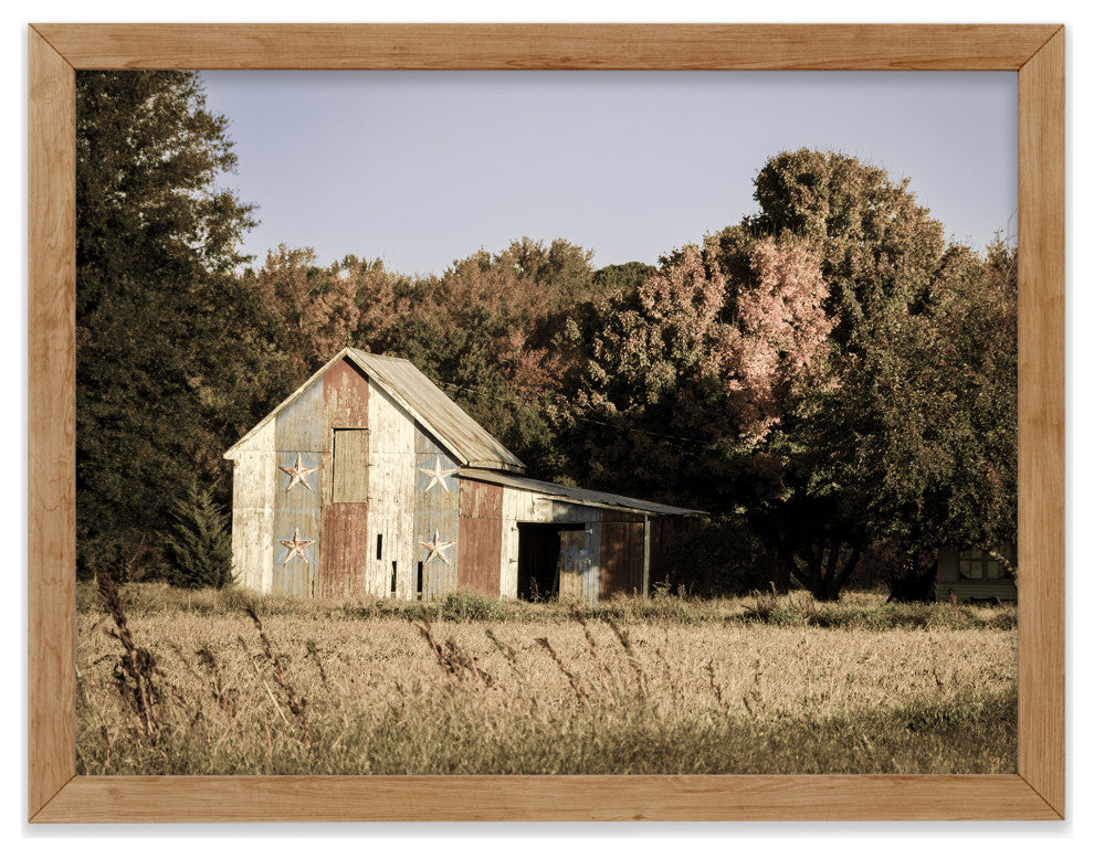Patriotic Barn in Field Aged Effect Framed Photo Paper Wall Art Prints, Red Oak, 12" X 18"
