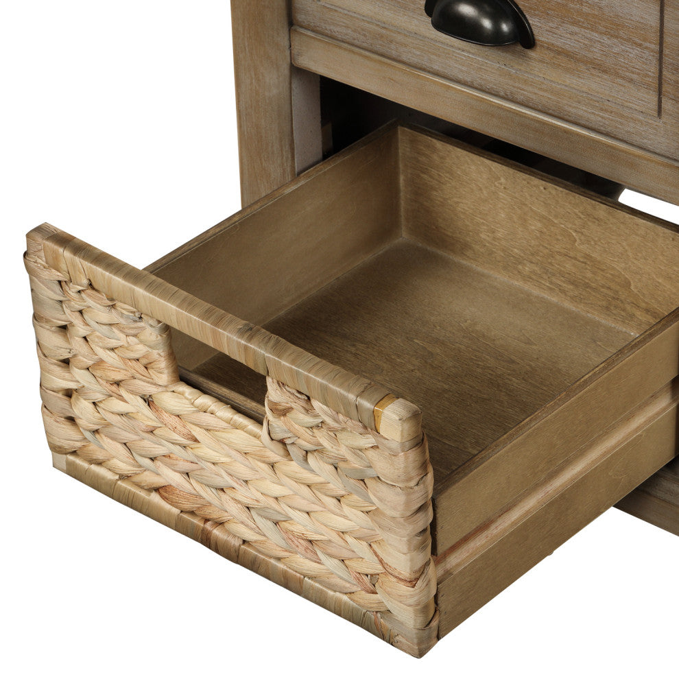 TATEUS 42" Rustic Storage Bench With 3 Drawers and 3 Rattan Baskets, White Washed