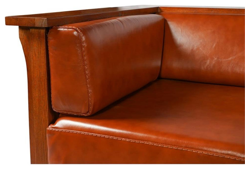 Arts and Crafts / Craftsman Cubic Panel Side Love Seat - Russet Brown Leather (R