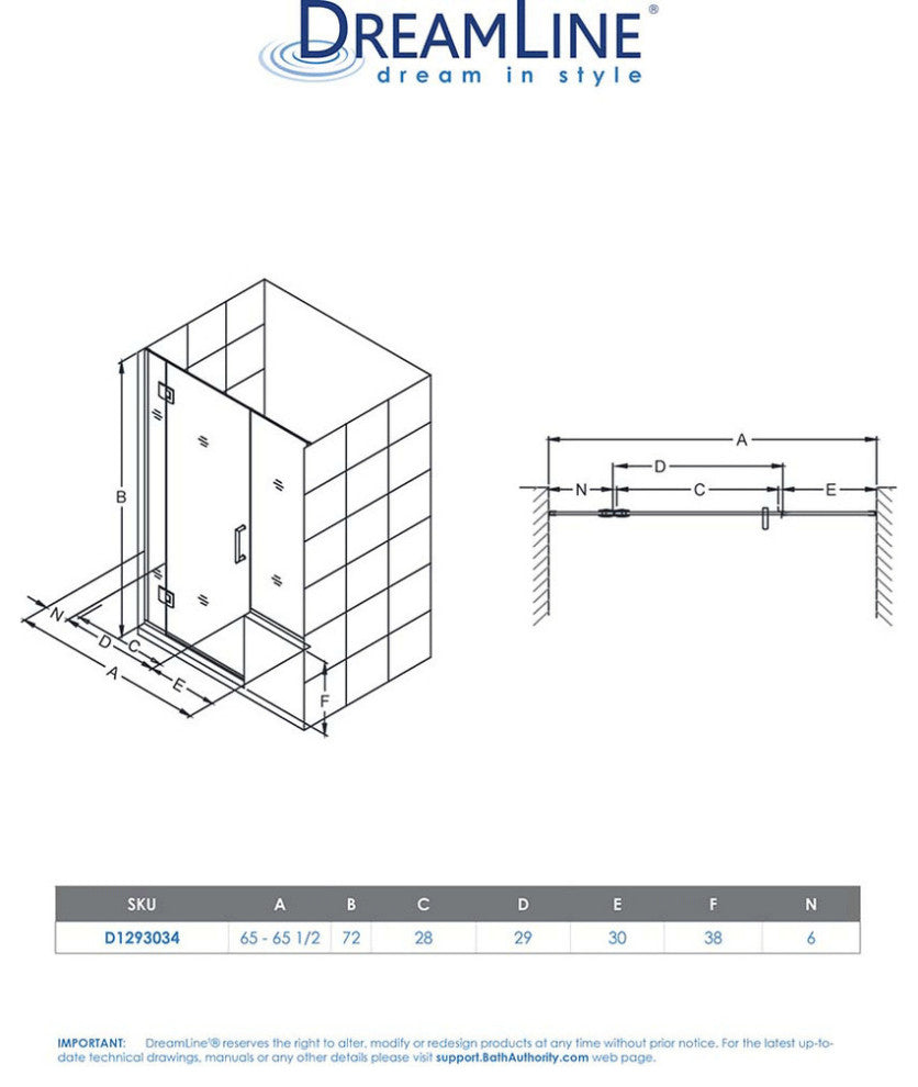 Unidoor-x 65-65.5"x72" Hinged Shower Door, Chrome, Buttress Panel 34"