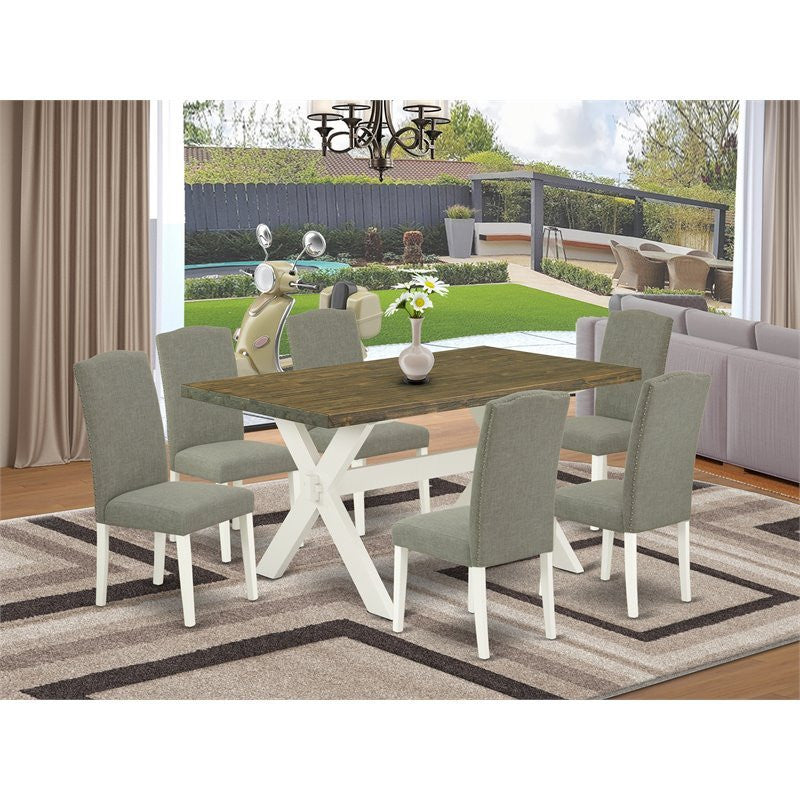 X076En206-7, 7-Piece Set Jacobean Wood Table Top and 6 Chairs, Linen White