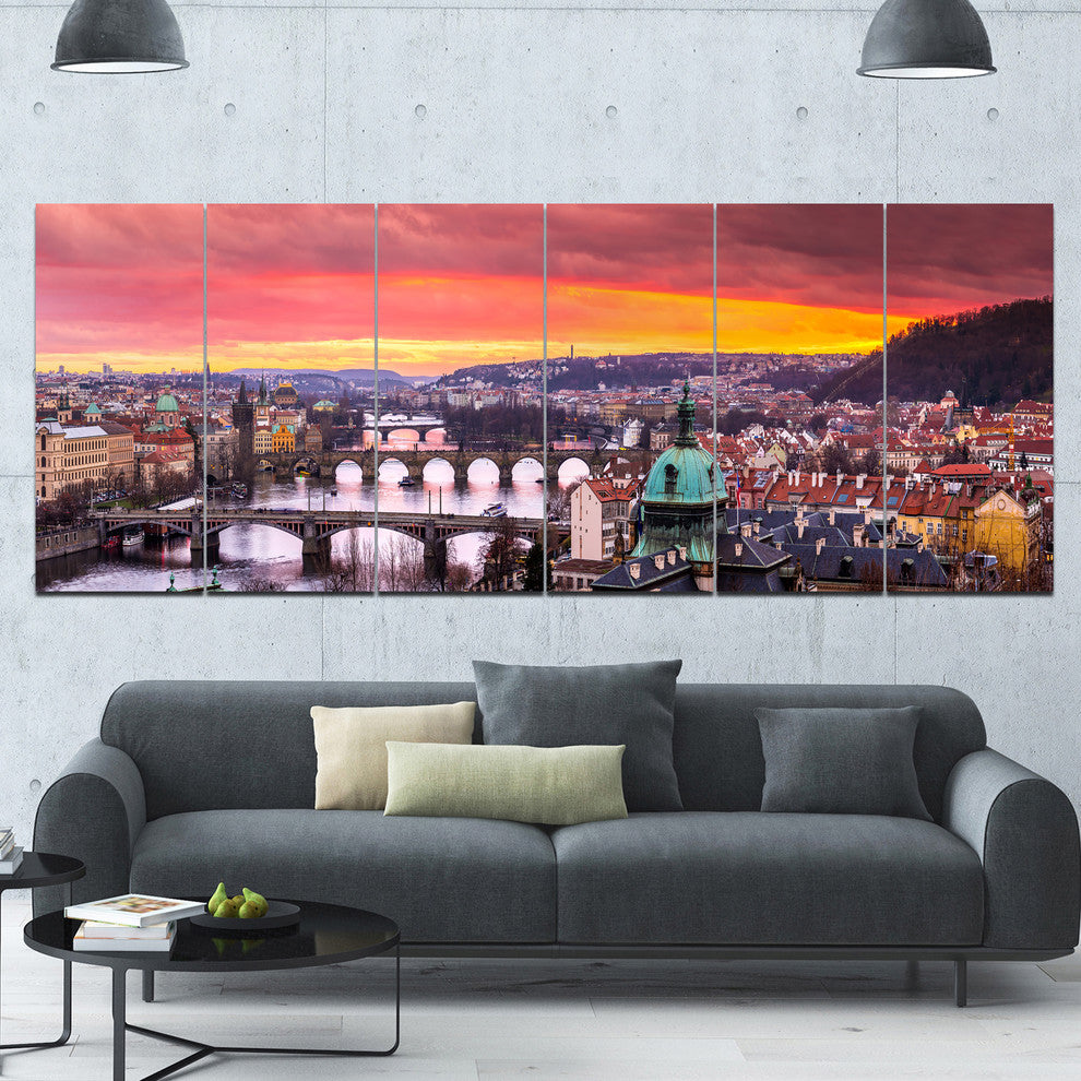 Bridges in Prague Panorama, Landscape Canvas Art Print, 70"x28", 6 Panels