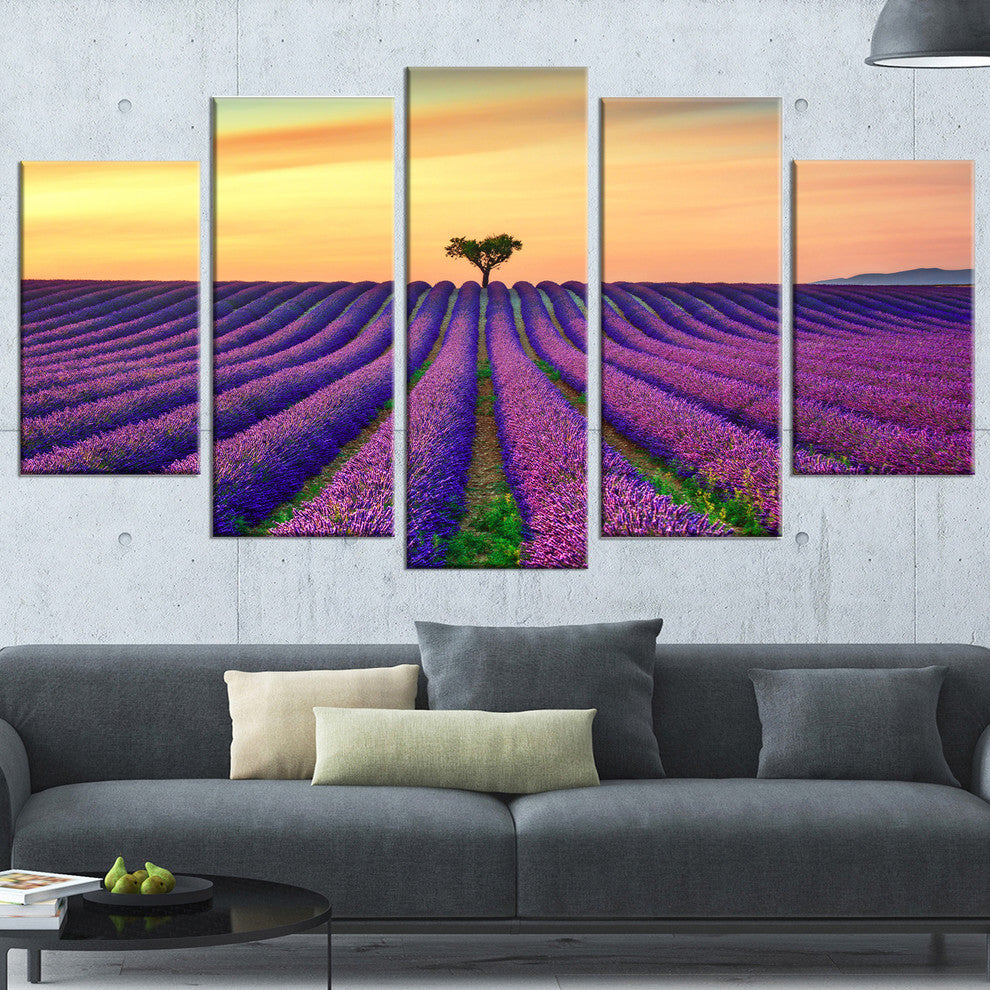 "Lavender Flower Rows in Provence" Landscape Wall Art Print, 5 Panels, 60"x32"