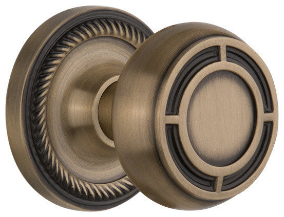 Double Rope Rosette With Round Clear Mission Knob, Antique Brass