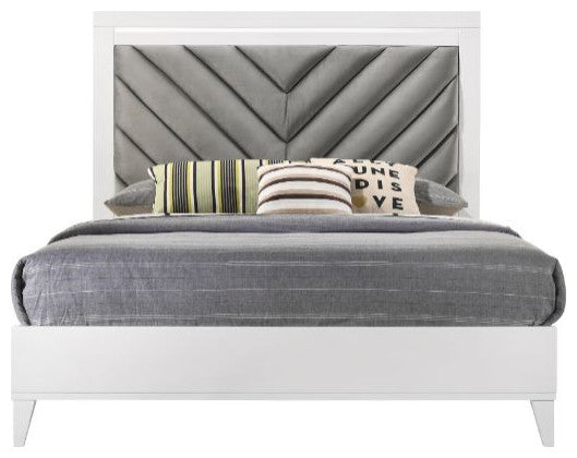 Briella V Lines Tufted Headboard Standard Bed, Gray/White, King
