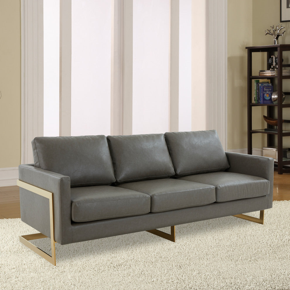 LeisureMod Lincoln Modern Leather Sofa With Gold Frame, Gray