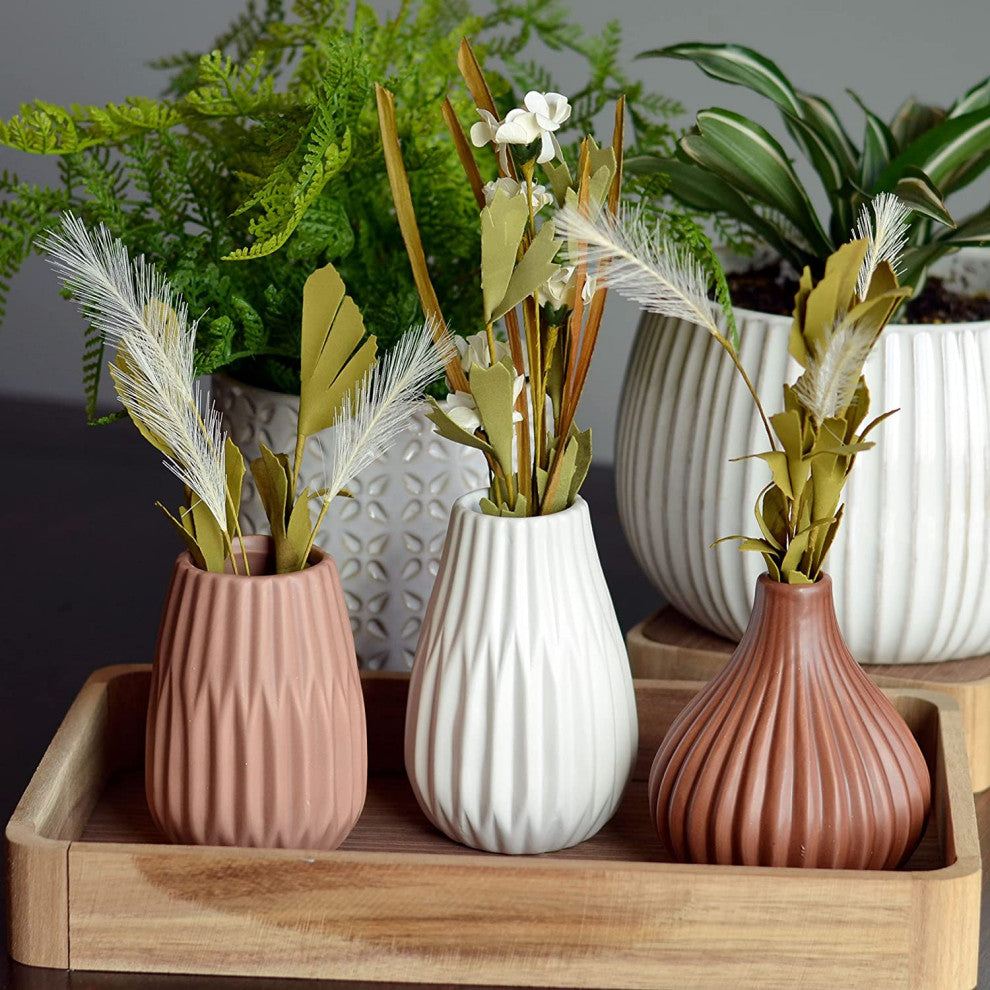 3 Piece Earthy Brown/ Tan/ White Table Vase Set, 5" Tall