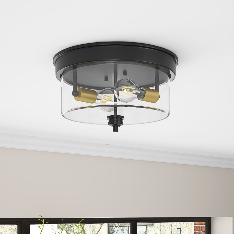 2-Light Farmhouse Close to Ceiling Lighting Fixture with Clear Glass Shade