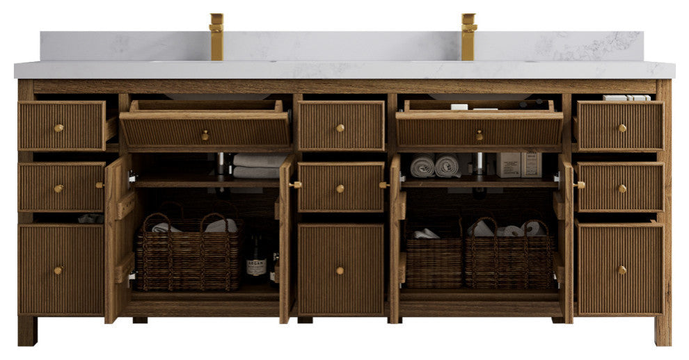 Sonoma Teak 84 Double Sink Bath Vanity in Dark Natural with 2" Calacatta Nuvo