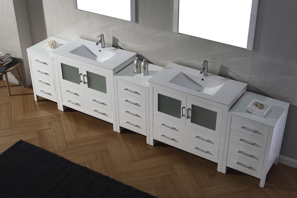 Virtu Dior 118" Double Bathroom Vanity, White, Polished Chrome Faucet, Mirrors