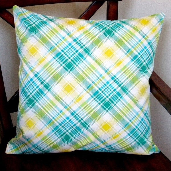 Indoor Notting Hill Plaid Tartan Pink Or Aquamarine 20x20 Throw Pillow