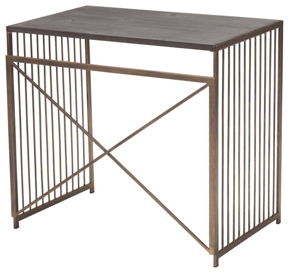 Computer Desk, Steel Metal, Wood, Gray, Antique Gold, Home Business Office