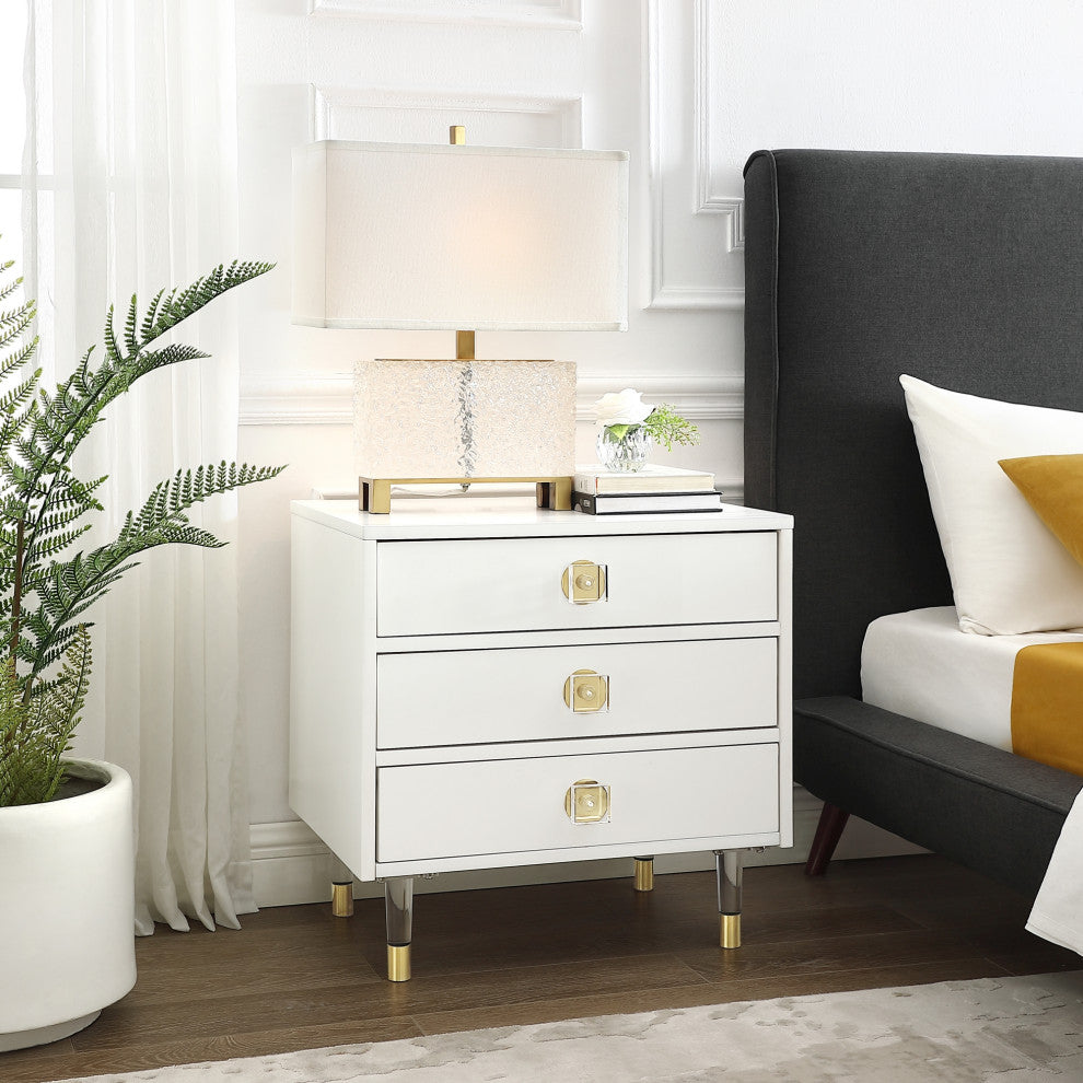 Nicole Miller Barney Nightstand High Gloss Acrylic Knob and Legs, White