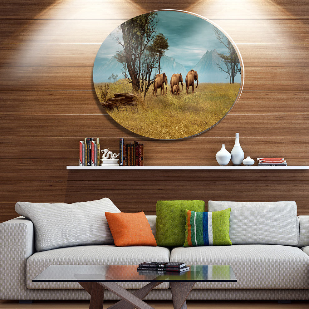 African Elephants Panorama, African Large Disc Metal Wall Art, 11"
