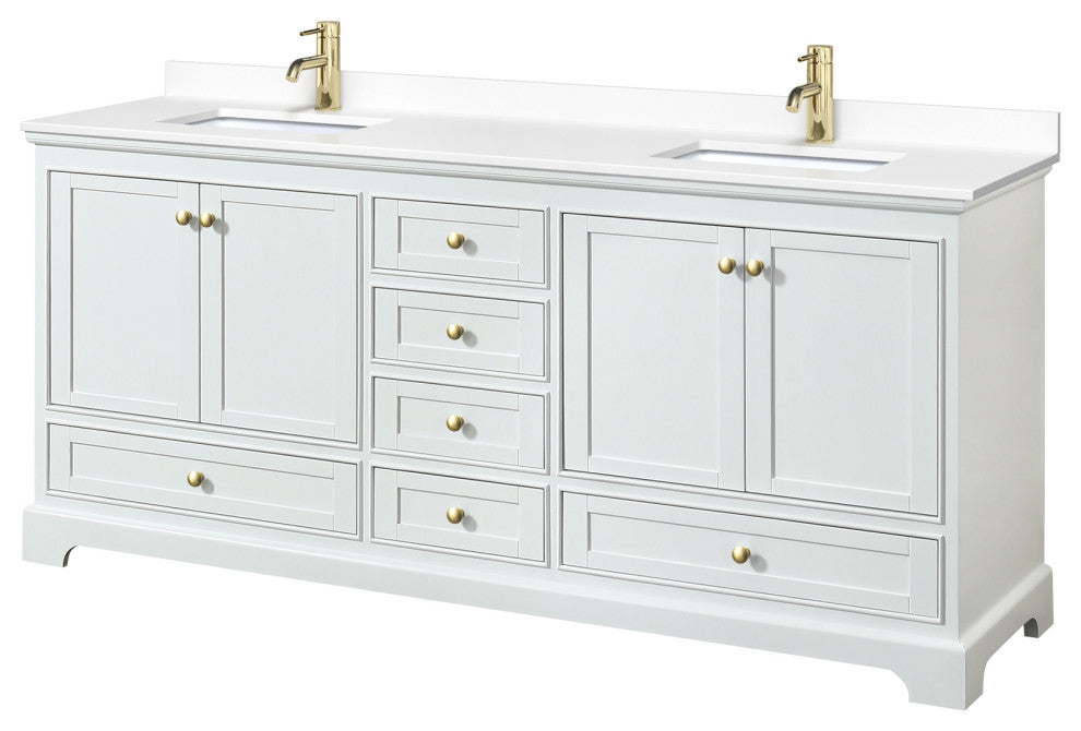 80"DBL Bath Vanity, White, White Cult. Marble Countertop, Sinks, Gold Trim