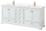 80"DBL Bath Vanity, White, White Cult. Marble Countertop, Sinks, Gold Trim