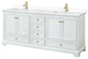 80"DBL Bath Vanity, White, White Cult. Marble Countertop, Sinks, Gold Trim