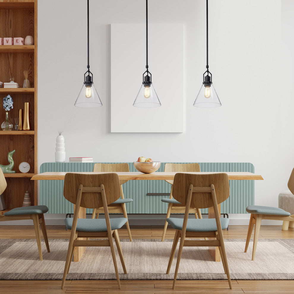 1-Light Matte Black Mini Pendant With Clear Cone Glass Shade