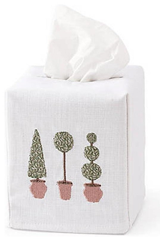 Embroidered Tissue Box Cover, Three Topiaries