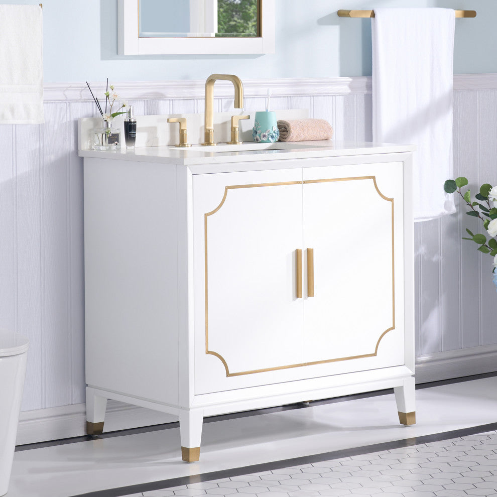 Melody Freestanding Bathroom Vanity with Wall Vanity Mirror and Quartz Top, White, 36"