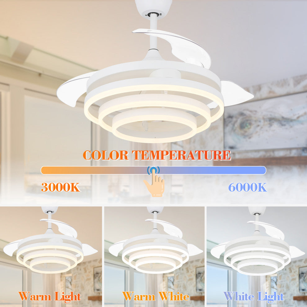 45W Modern Retractable Ceiling Fan Reversible 6-Speed with Remote Control, White, 42