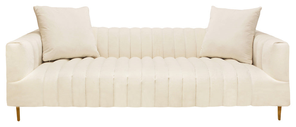 Ruth Sofa, Ivory, Gold Tone Metal Legs, 2 Toss Pillows