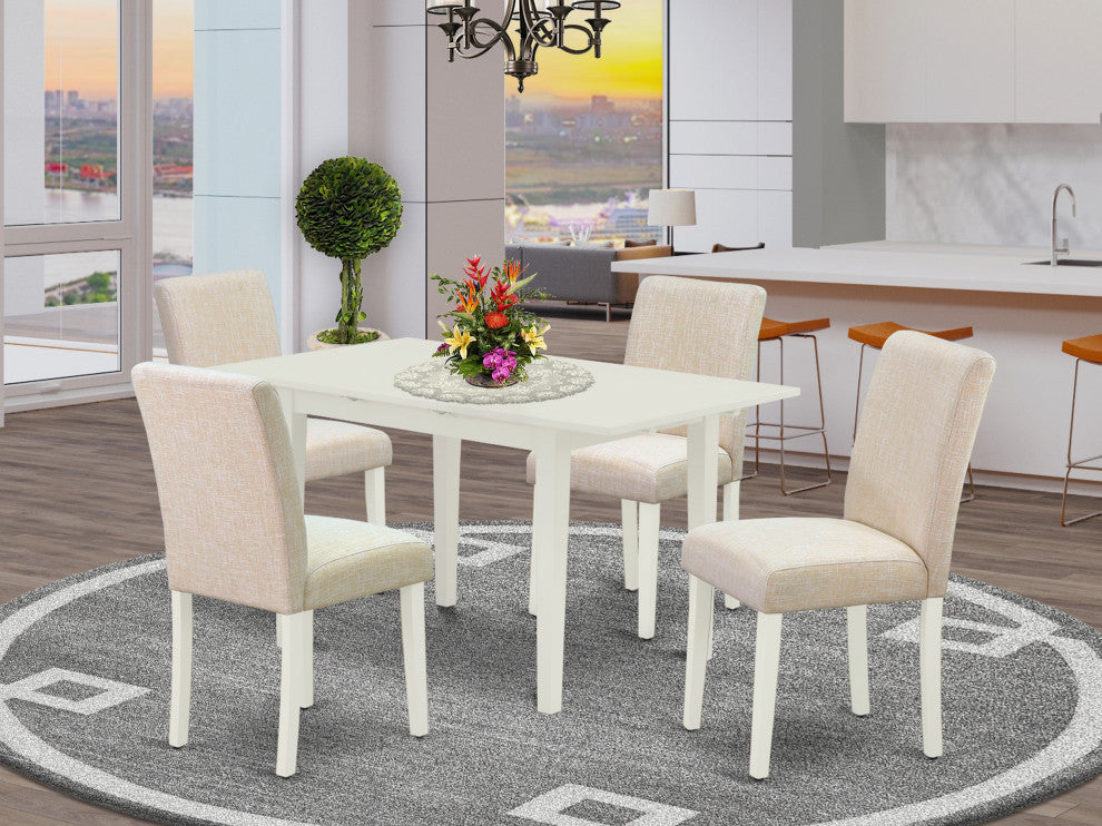 5Pc Kitchen Dining Set, 4 Chairs, Butterfly Leaf Dining Table, Linen White