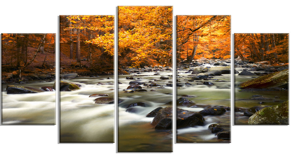 Autumn Terrai With Trees and River, Landscape Canvas Print, 60"x32", 5 Panels