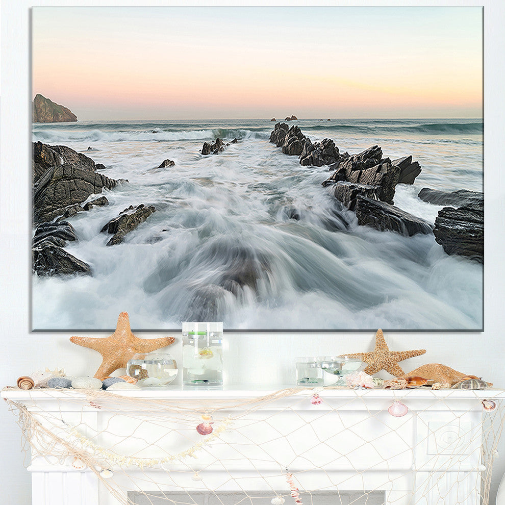 "Waves Hitting Beach At Sunrise Atlantic" Seascape Wall Art, 32"x16"