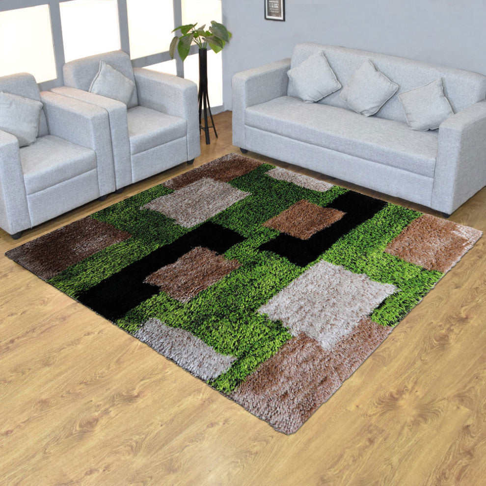 Hand Tufted Shag Polyester Area Rug Geometric Green Beige, [Square] 6'x6'