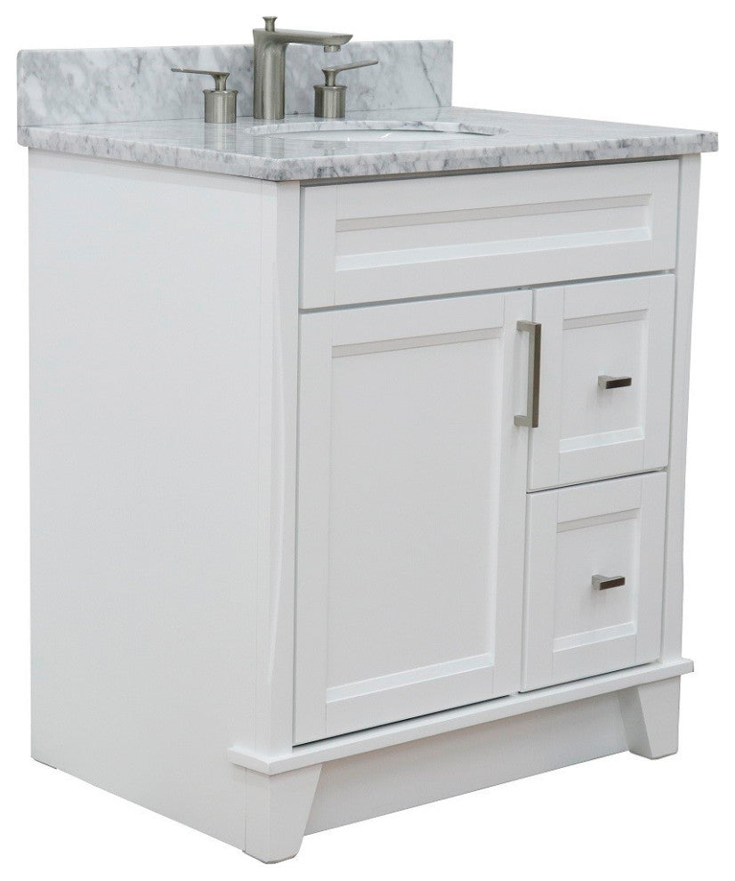 31" Single Sink Vanity, White Finish With White Carrara Marble With Oval Sink