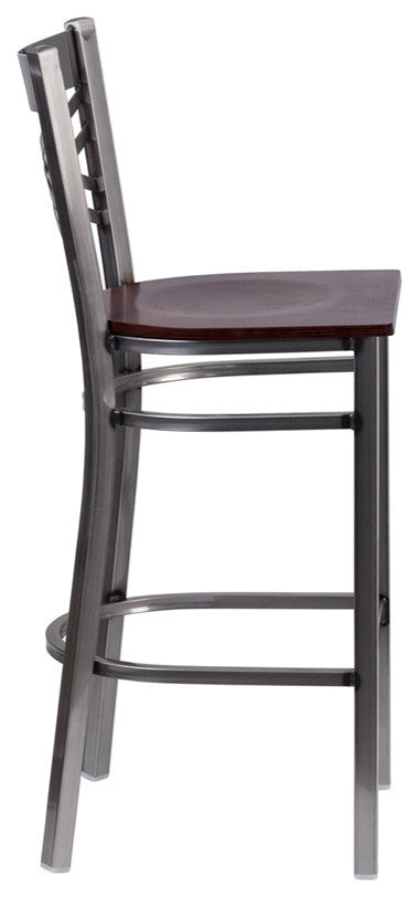 Clear Coated "X" Back Metal Restaurant Barstool, Walnut Wood Seat