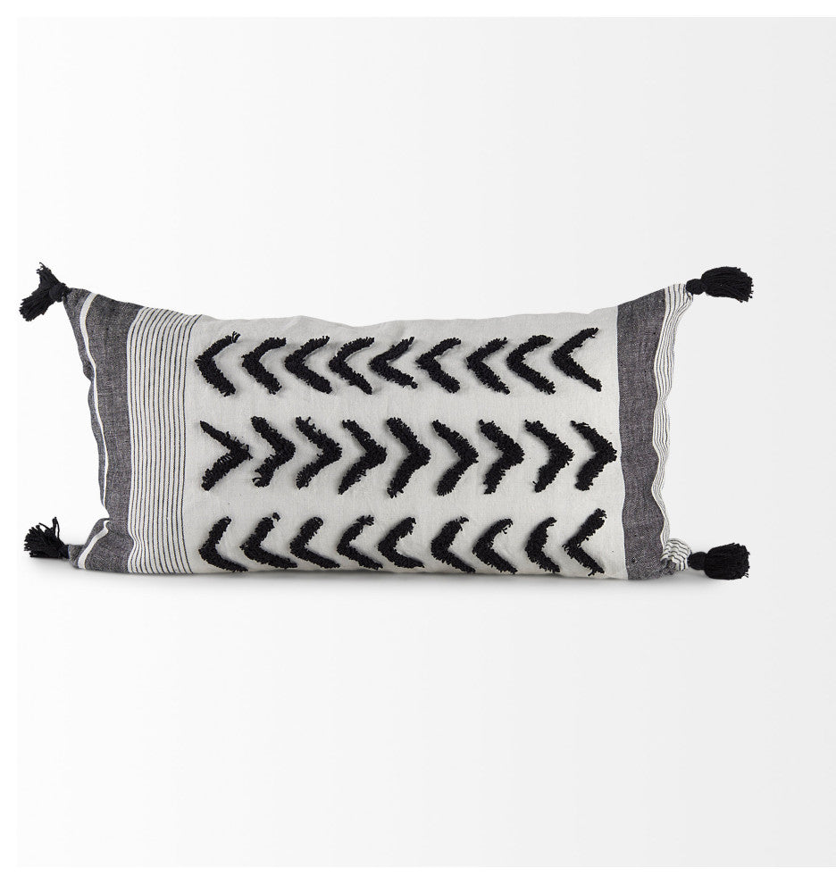 Kimia White and Black Herringbone Fabric With Fringed Decorative Pillow Cover