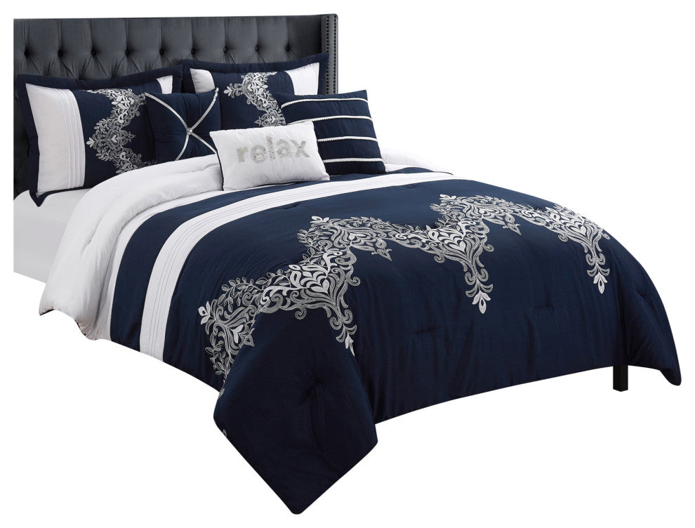 Odayle Damask 6- Piece Bedding Comforter Set, Navy, King