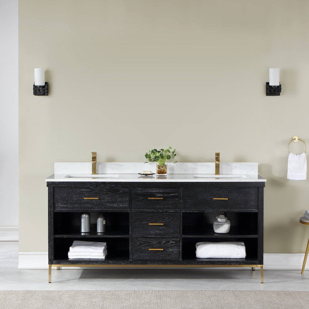 Kesia Black Oak Bathroom Vanity Set, 72", Without Mirror