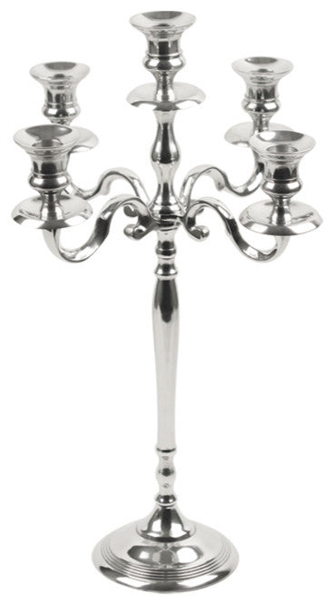 5 Arm Candelabra Candle Holder, Polished Aluminum, Medium