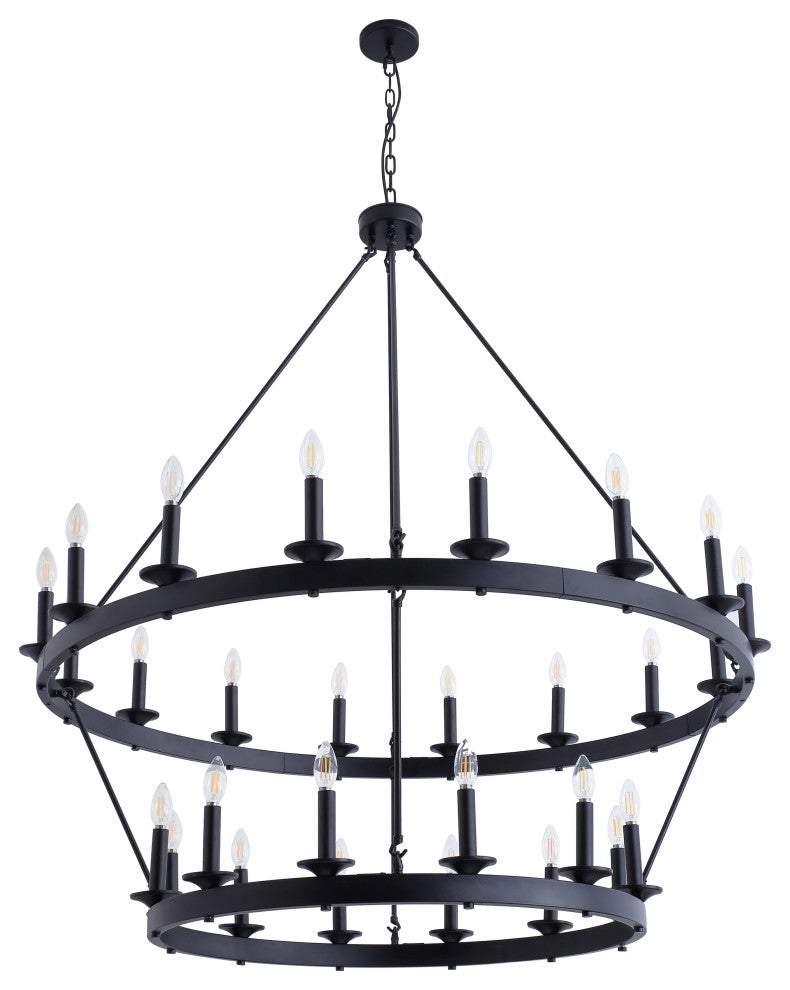 28-Light Wagon Wheel Chandelier Candle Tiered Pendant Lighting, Black