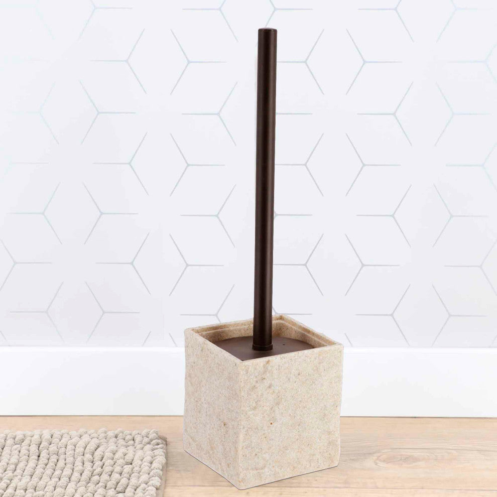 Modern Square Toilet Brush and Holder Set with Black Metallic Handle, Natural